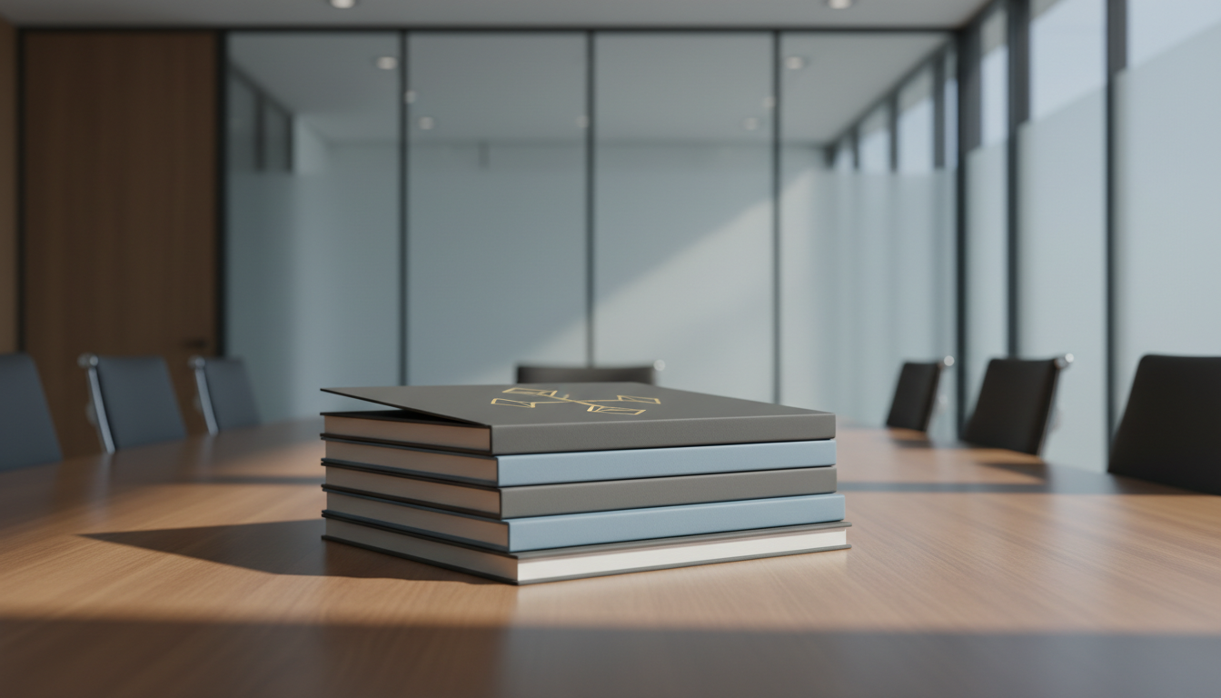 A neatly arranged stack of professional hardcover notebooks in muted charcoal and smoke-blue tones, each embossed subtly with minimalist line art symbolizing growth and balance. The notebooks rest on a smooth, uncluttered walnut conference table in a contemporary corporate meeting room. Soft, diffused natural light enters through tall frosted glass panels, creating gentle reflections on the covers and casting faint elongated shadows. The mood is calm, focused, and reassuring—exuding competence and order. Photographed at a slight angle above table level, the composition is harmoniously balanced with crisp clarity, aligning with a photographic realism and clean, modern corporate aesthetic. This image visually anchors the concept of structured mental health support in the workplace.