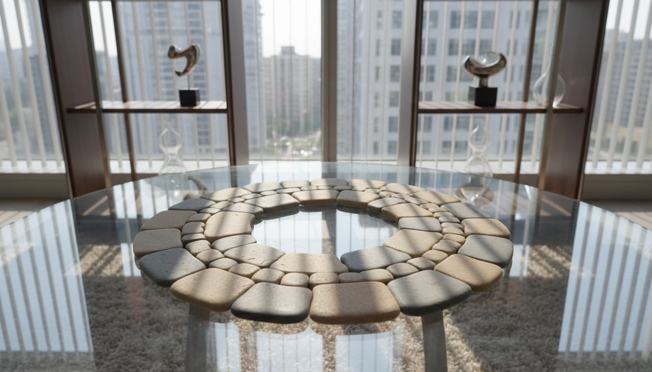 An artfully arranged circle of interlocking smooth river stones in varying shades of cool grey and warm beige, resting atop a glass tabletop in a bright executive office lounge. In the background, a blurred view of architectural shelving holding a few polished metallic and glass decor items. Overhead daylight filters through sheer window blinds, producing intricate light patterns on the stones and table surface. The mood is serene yet purposeful, suggesting harmony and resilience. Photographed from above with a centered, symmetrical composition and clean lines, this image embodies photographic realism and modern corporate design, visually reinforcing the role of resilience training and positive psychology in a professional setting.